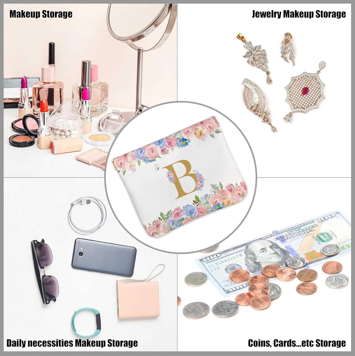 You Are Awesome Initial PU Leather Makeup Bag for Women, Small Cosmetic Bag for Purse, Travel Makeup Pouch & Coin Purse Lipstick Organizer, Gifts for Grandma, Mom, Mothers Day (Letter B)