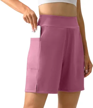 YOYOYOGA Bermuda Shorts for Women Stretchy Soft Yoga Shorts with Pockets High Waisted Workout Running Athletic Short