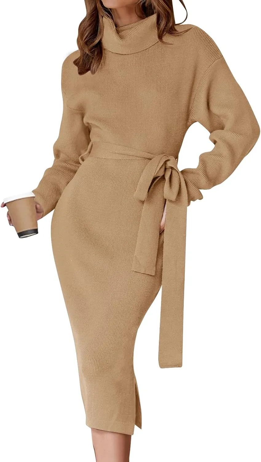 ZESICA Women's Turtleneck Sweater Midi Dress Long Sleeve Ribbed Knit Bodycon Slit Dress with Belt