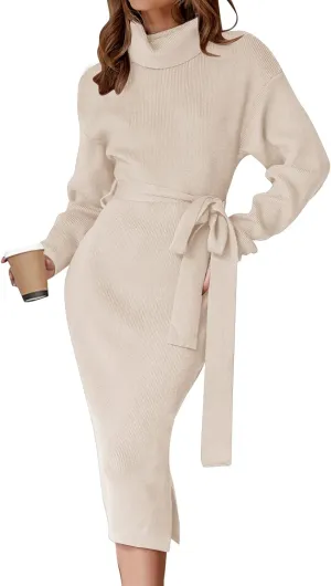 ZESICA Women's Turtleneck Sweater Midi Dress Long Sleeve Ribbed Knit Bodycon Slit Dress with Belt