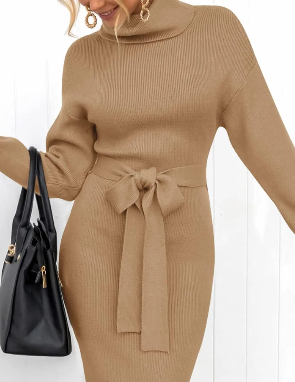 ZESICA Women's Turtleneck Sweater Midi Dress Long Sleeve Ribbed Knit Bodycon Slit Dress with Belt
