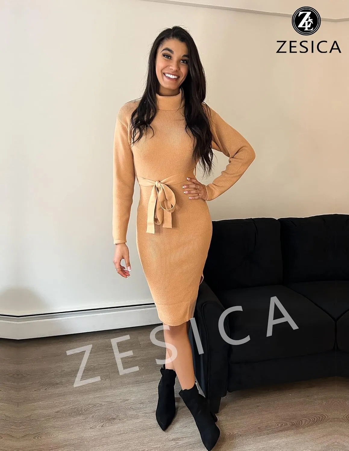 ZESICA Women's Turtleneck Sweater Midi Dress Long Sleeve Ribbed Knit Bodycon Slit Dress with Belt