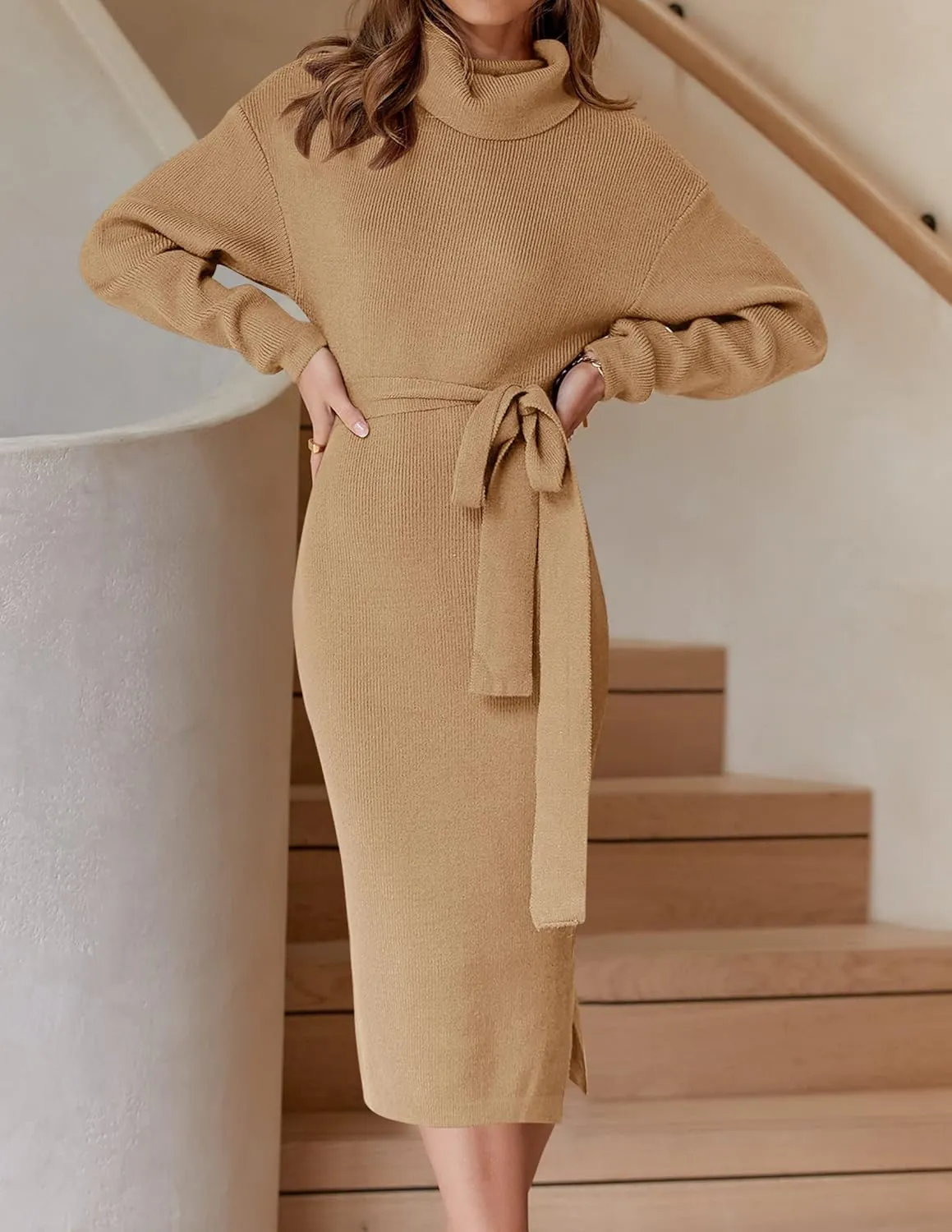 ZESICA Women's Turtleneck Sweater Midi Dress Long Sleeve Ribbed Knit Bodycon Slit Dress with Belt