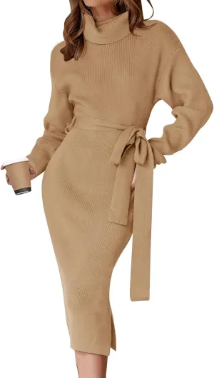ZESICA Women's Turtleneck Sweater Midi Dress Long Sleeve Ribbed Knit Bodycon Slit Dress with Belt