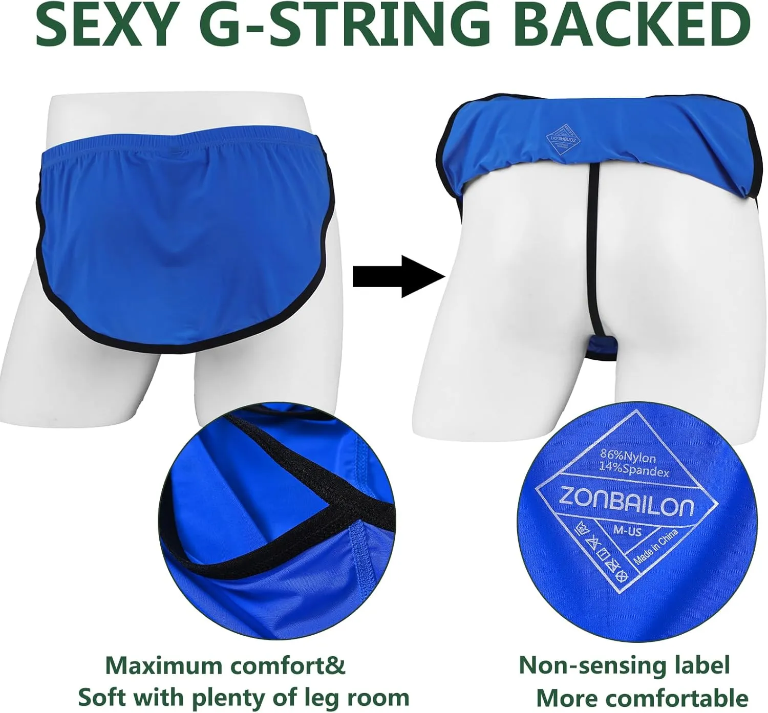 ZONBAILON Men's Boxers, G-String Backed Pouch Thongs with Skirting, Sexy Sleep Shorts Silky Pajama Underwear, Split Side