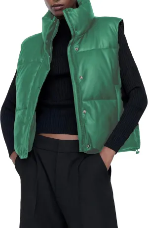 Zontroldy PU Leather Quilted Puffer Vest Women Stand Collar Zip Up Sleeveless Padded Lightweight Jacket Vest Waistcoat