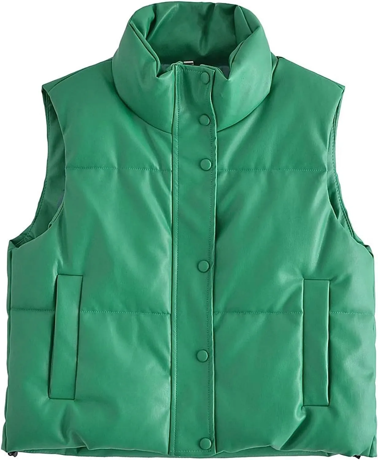 Zontroldy PU Leather Quilted Puffer Vest Women Stand Collar Zip Up Sleeveless Padded Lightweight Jacket Vest Waistcoat
