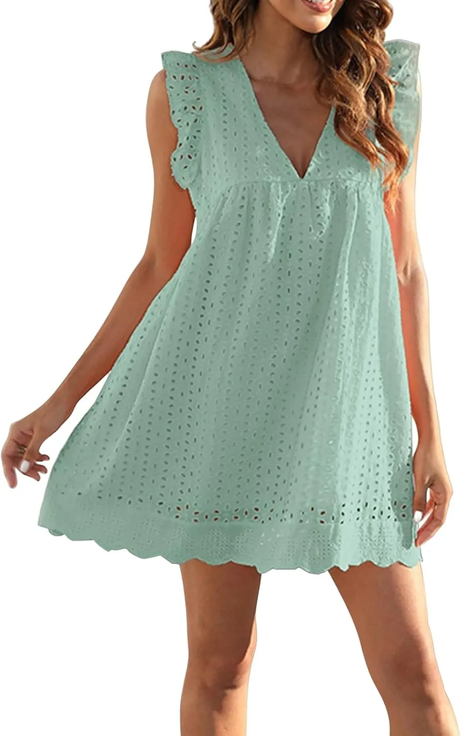 ZWRXW Women's Summer Dresses Casual Babydoll Mini Dress Ruffle Cap Sleeveless A-Line Sun Dress V Neck Flowy Swing Tunic Dress