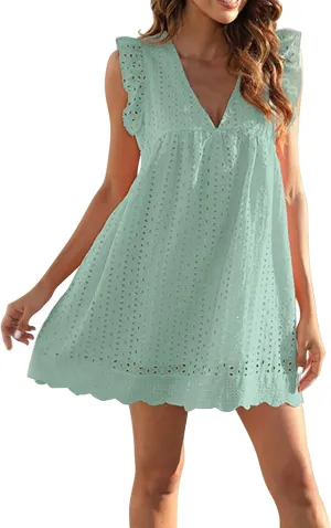 ZWRXW Women's Summer Dresses Casual Babydoll Mini Dress Ruffle Cap Sleeveless A-Line Sun Dress V Neck Flowy Swing Tunic Dress